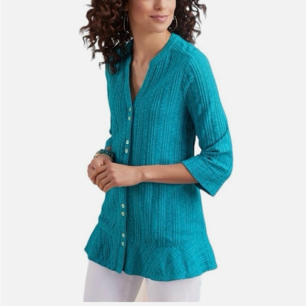Soft Surroundings Turquoise Blue Button Up Tunic Top Women’s Large Casual Vacay